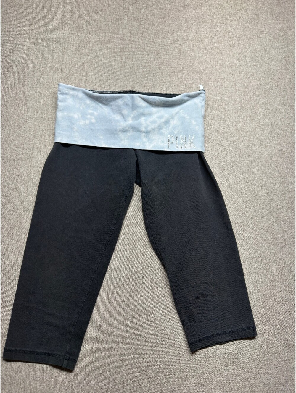Victoria’s Secret PINK Yoga Capri Leggings S Black Tie Dye Foldover Rhinestone